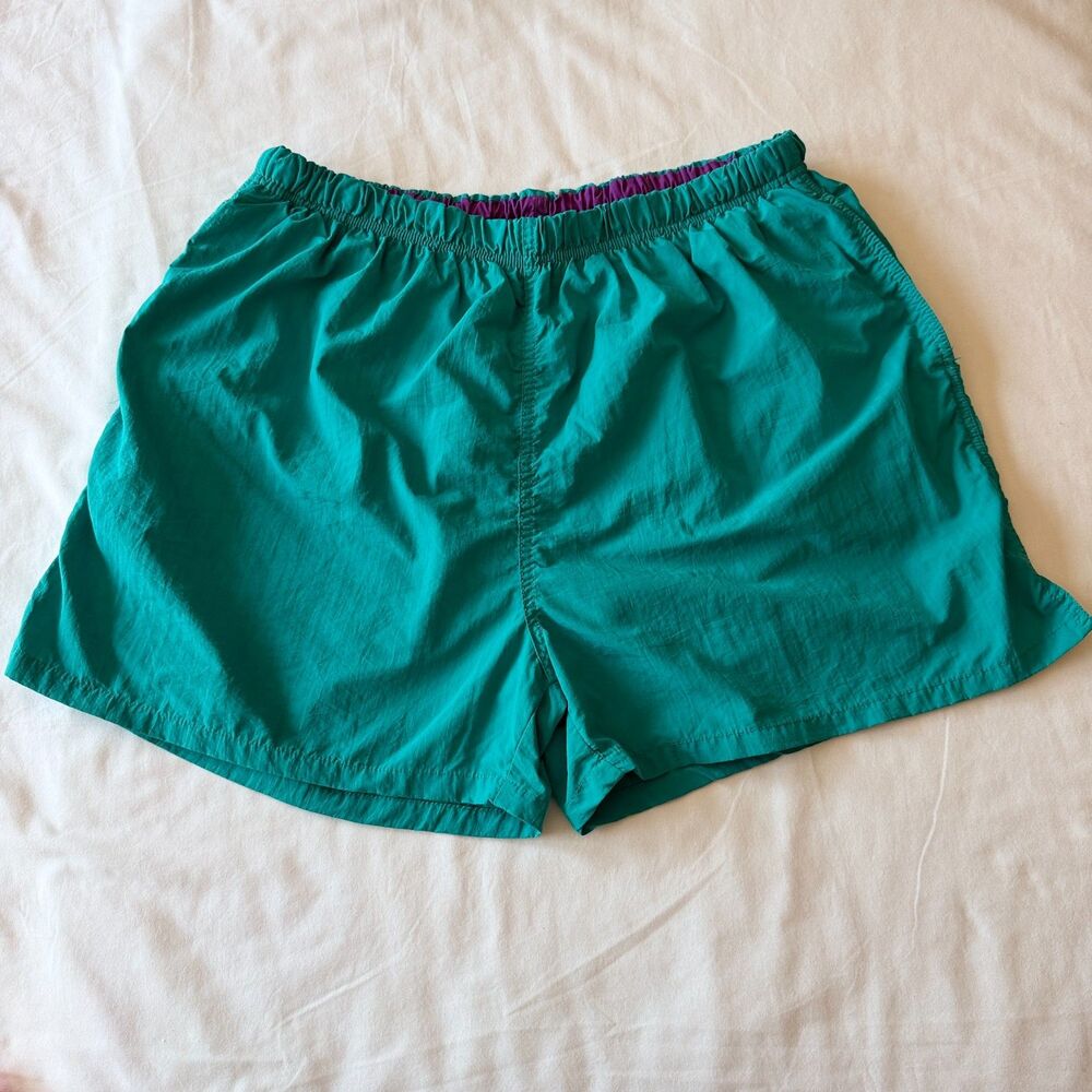 Vintage 90s Lands End Teal Purple Nylon Swim Board Shorts - Mens XL Made in USA